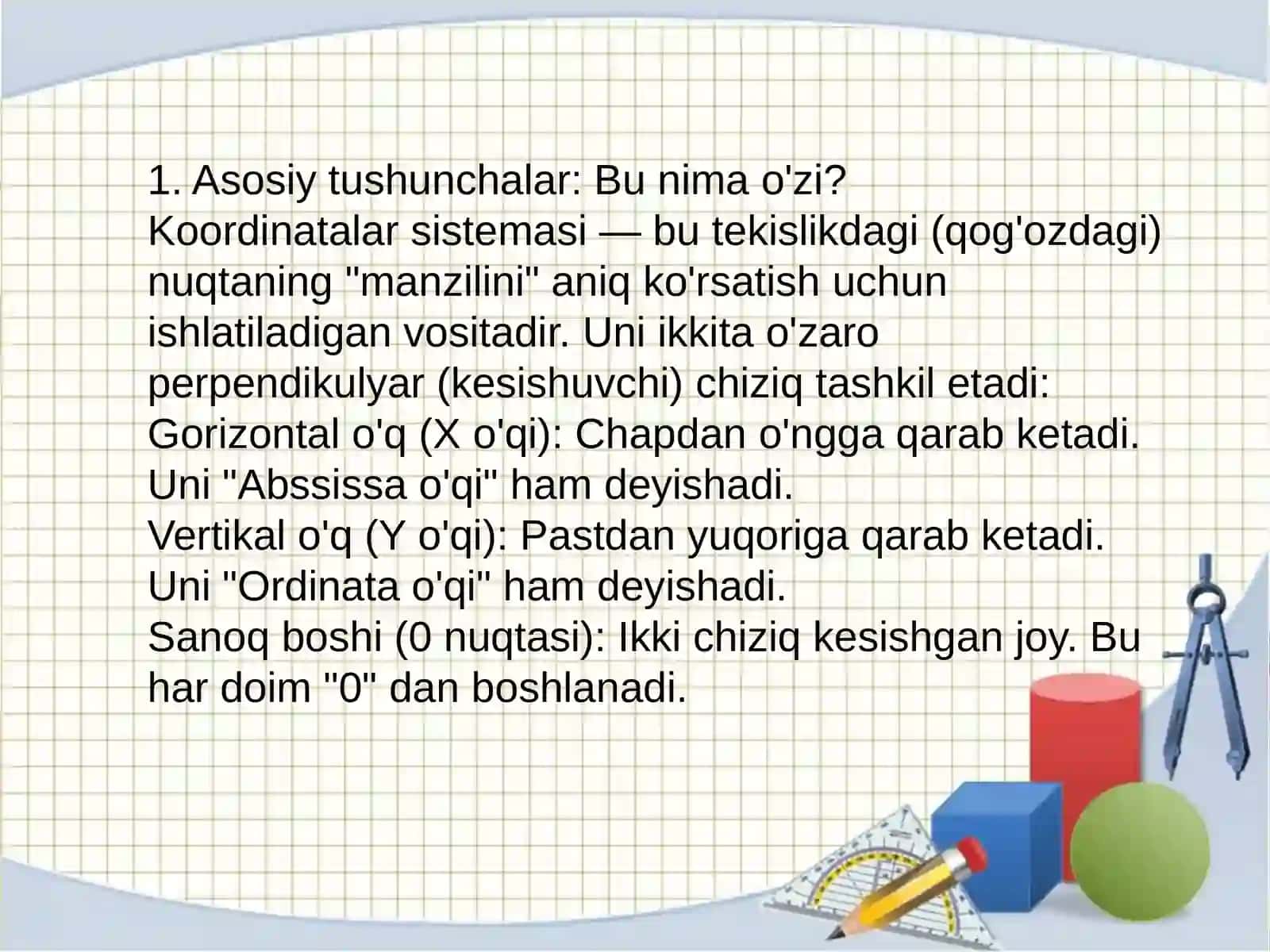 Matematkaga Ixtisoslashtirgan sinflarda tekislikdagi koordinata  son ôqi 3