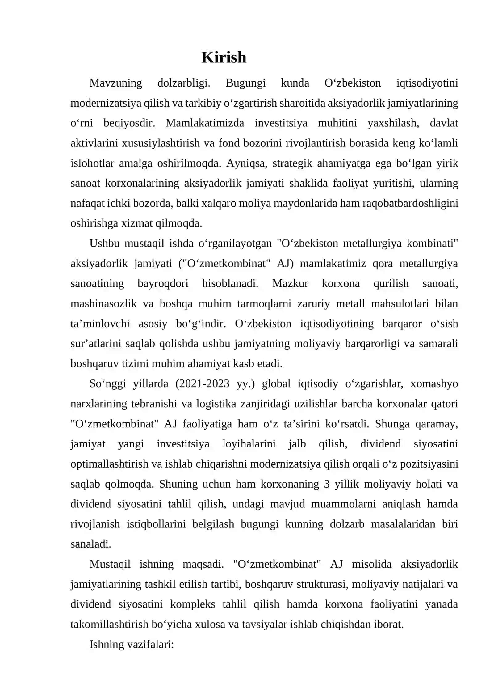 "O'zbekistonda aksiyadorlik jamiyatlarining tashkil etilishi va moliyaviy barqarorligini tahlil qilish ( “O'zmetkombinat” AJ misolida)" 3