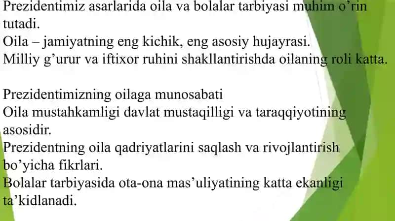 Prezidentimiz asarlarida oila va oilada bolalar tarbiyasiga munosabat. Bolalarni milliy g’urur va milliy iftixor ruhida tarbiyalash 3