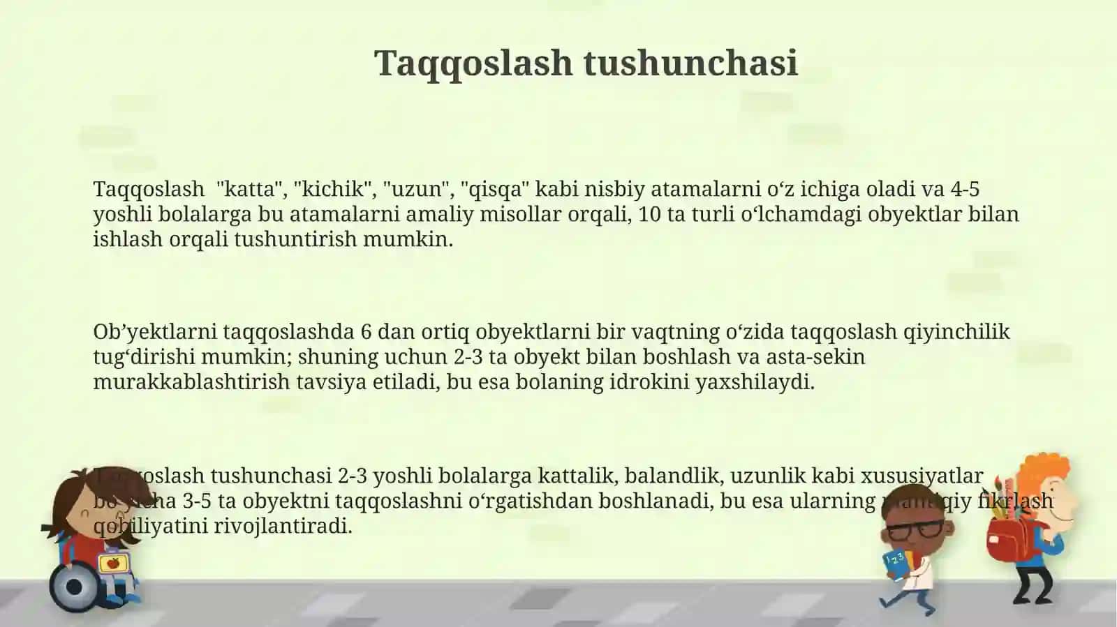 Kattalik. Predmetlar o'lchamini taqqoslashga o'rgatish 3
