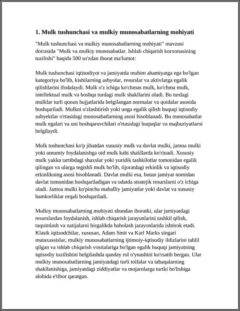 Mulk va mulkiy munosabatlar. Ishlab chiqarish korxonasining tuzilishi 3