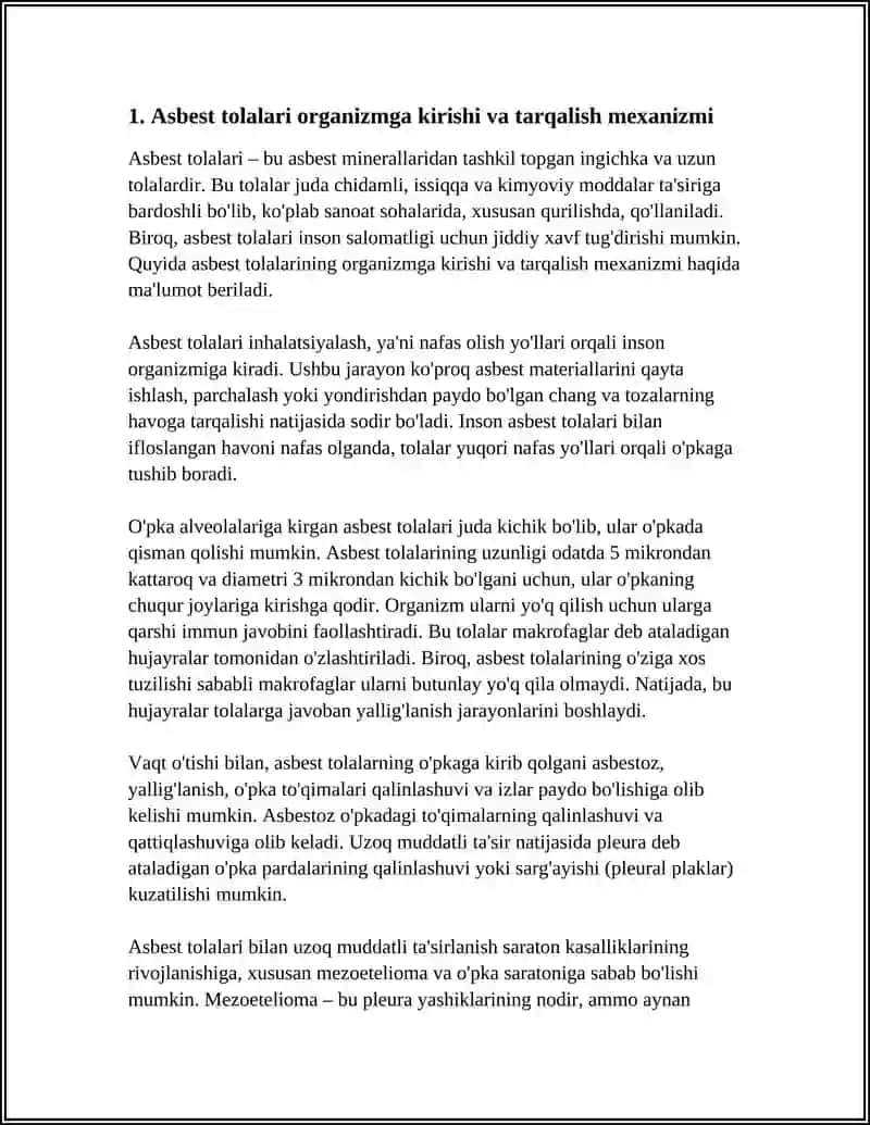ASBEST ISHLAB CHIQARISH KORXONALARDA INSON ORGANIZINGA SIFETSIIFIK TA'SIR VA NOSIFETSIFIK TASIRI 3