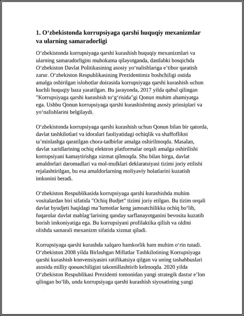 OʻZBEKISTONDA KORRUPSIYAGA QARSHI KURASH MEXANIZMLARI MAVZUSIDA ESSE TAYYORLASH 3