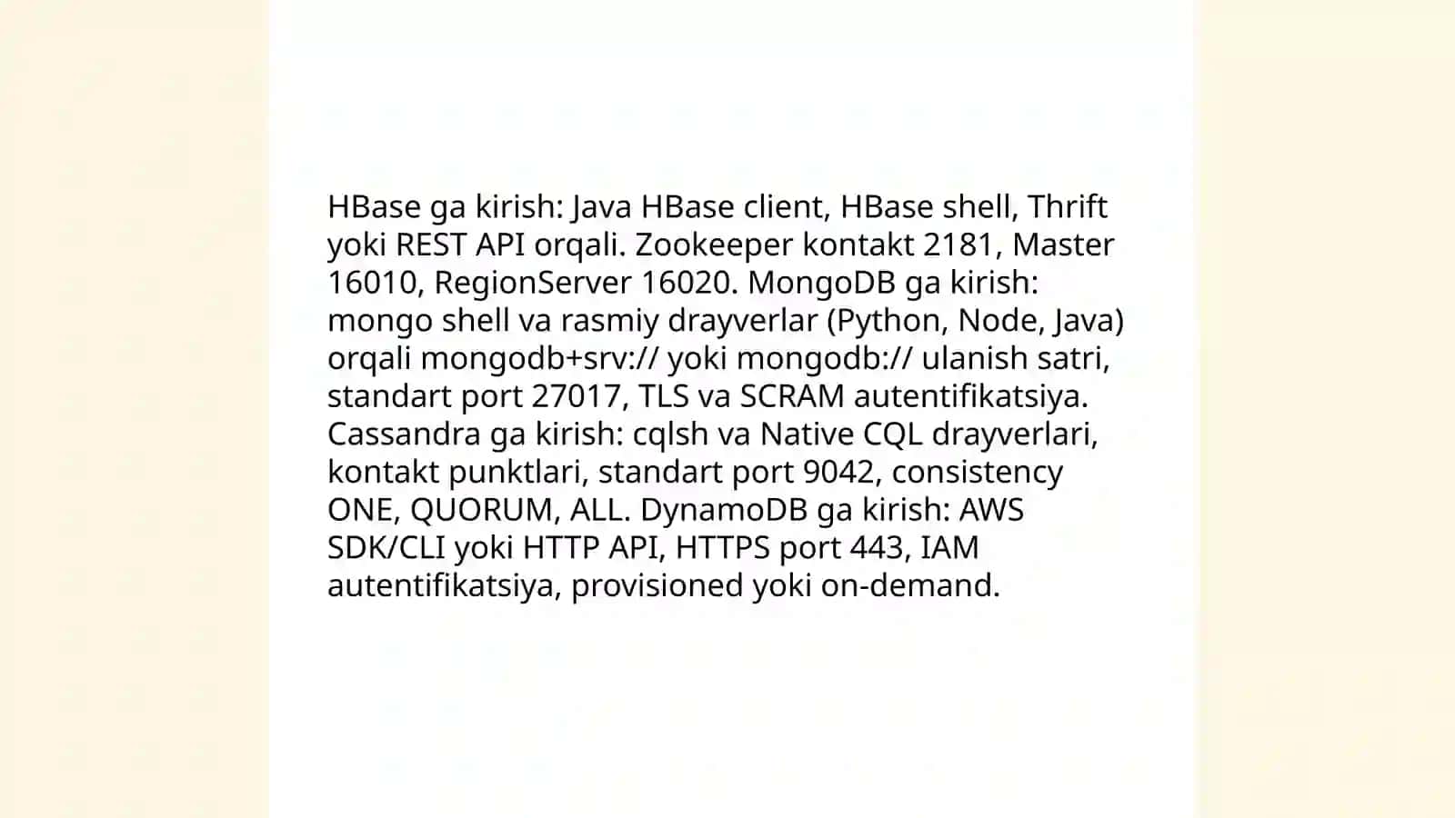 Bulutli ma’lumotlar bazalari (HBase, MongoDB, Cassandra, DynamoDB) 3