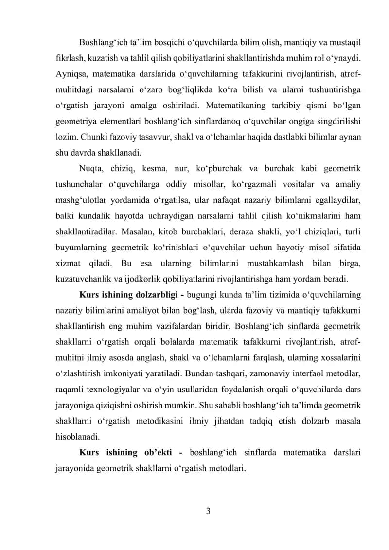 Boshlang‘ich sinflarda geometriya elementlarini o‘rgatish metodikasining umumiy masalalari. Nuqta, kesma, to‘g‘ri chiziq, siniq chiziq, egri chiziq, ko‘pburchak tushunchasi haqida tasavvurni shakllantirish va ularni chizish, 3