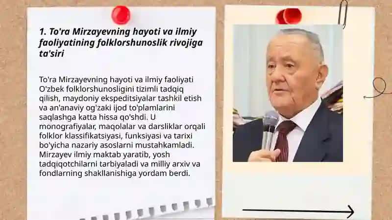 TO'RA MIRZAYEVNING O'ZBEK FOLKLORSHUNOSLIGI RIVOJIGA QOʻSHGAN HISSASI 3