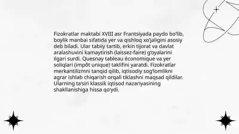 Fizokratlar maktabi - F. Kennedi gʻoyalari boyicha 3