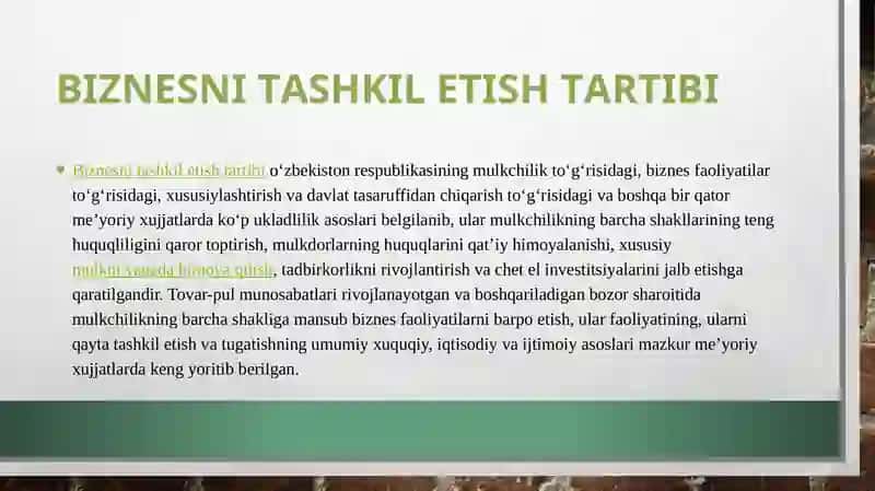 Biznеsni tаshkil etish tаrtibi. Yakkа tаdbirkоrlik. Jаmоа tаdbirkоrligi taqdimot 3