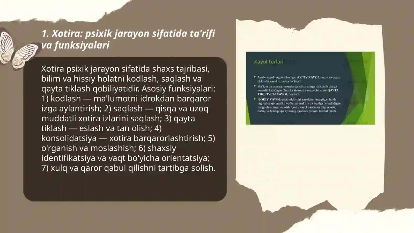 Xotiraning psixik jarayon sifatida o‘rganilishi va Xayol haqida tushuncha 3