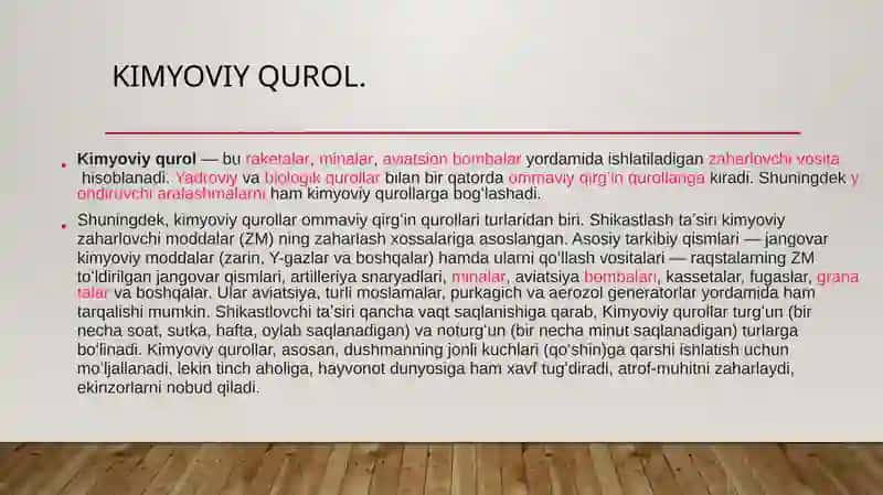 Kimyoviy qurol.Zaharli moddalarning tasnifi.Kimyoviy vaziyatni baholash. 3