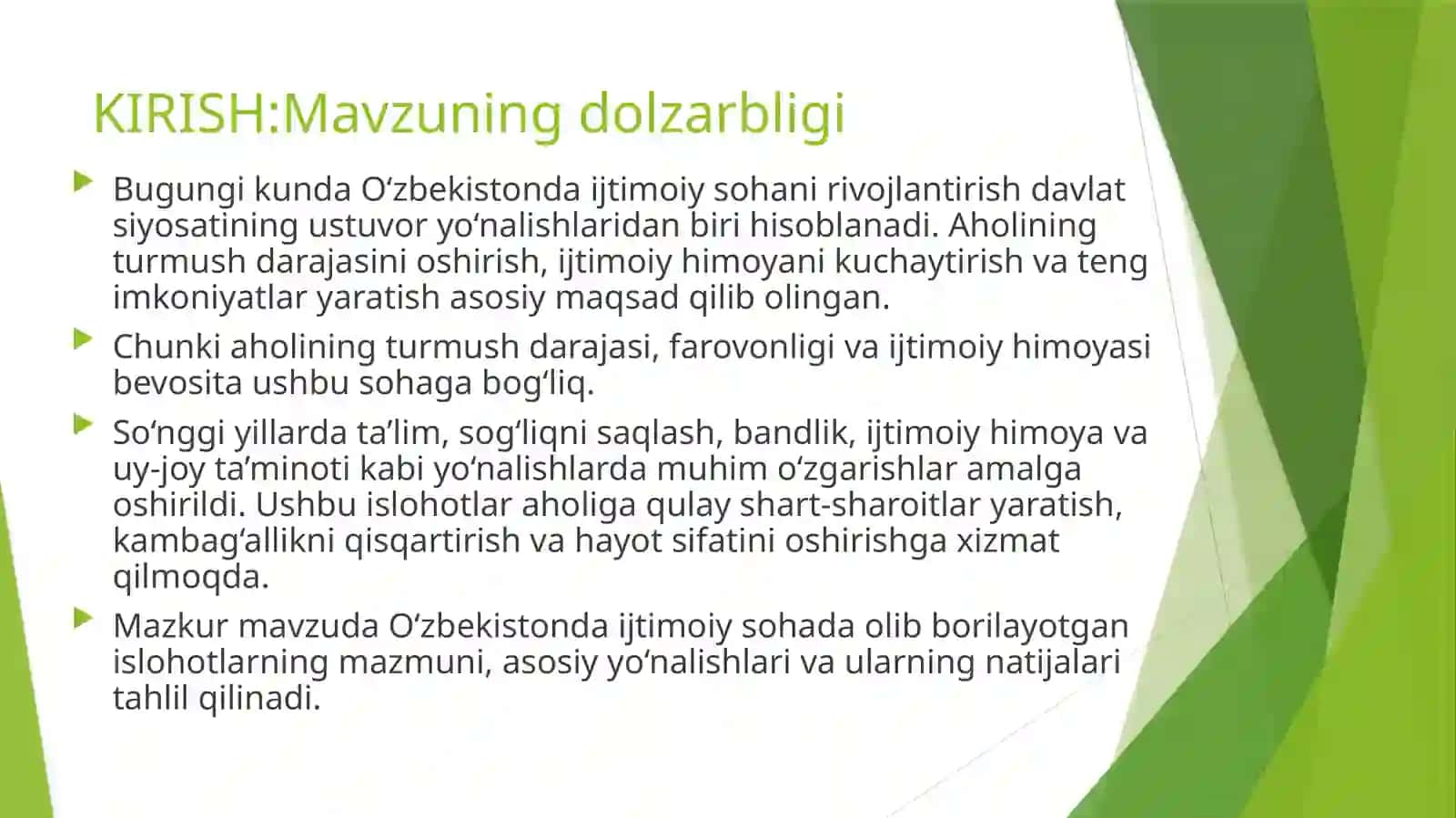 O‘zbekistonning ijtimoiy sohada amalga oshirilayotgan o‘zgarishlar mazmun va mohiyati 3