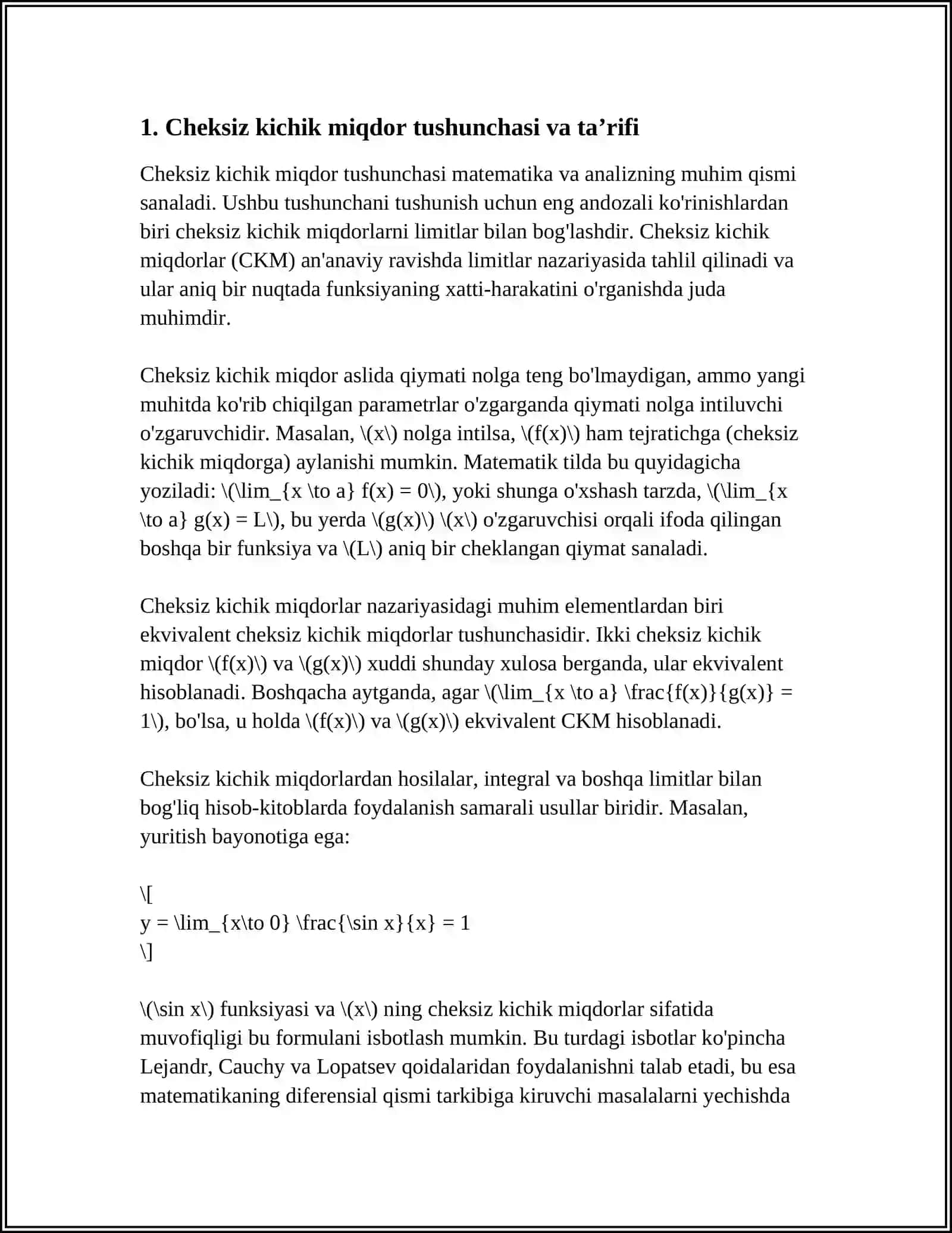 CHEKSIZ KICHIK MIQDORLARNI TAQQOSLASH EKVIVALENT CHEKSIZ KICHIK MIQDORLAR LEMITLARNI HISOBLASHDA ULARDAN FOYDALANISH 3