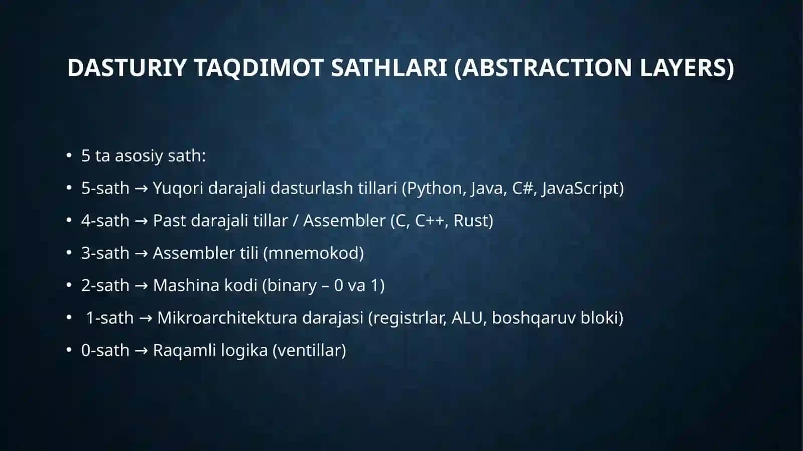 Dasturiy taqdimot sathi, mashina kodi, mnemakod va dasturlash tillari. 3