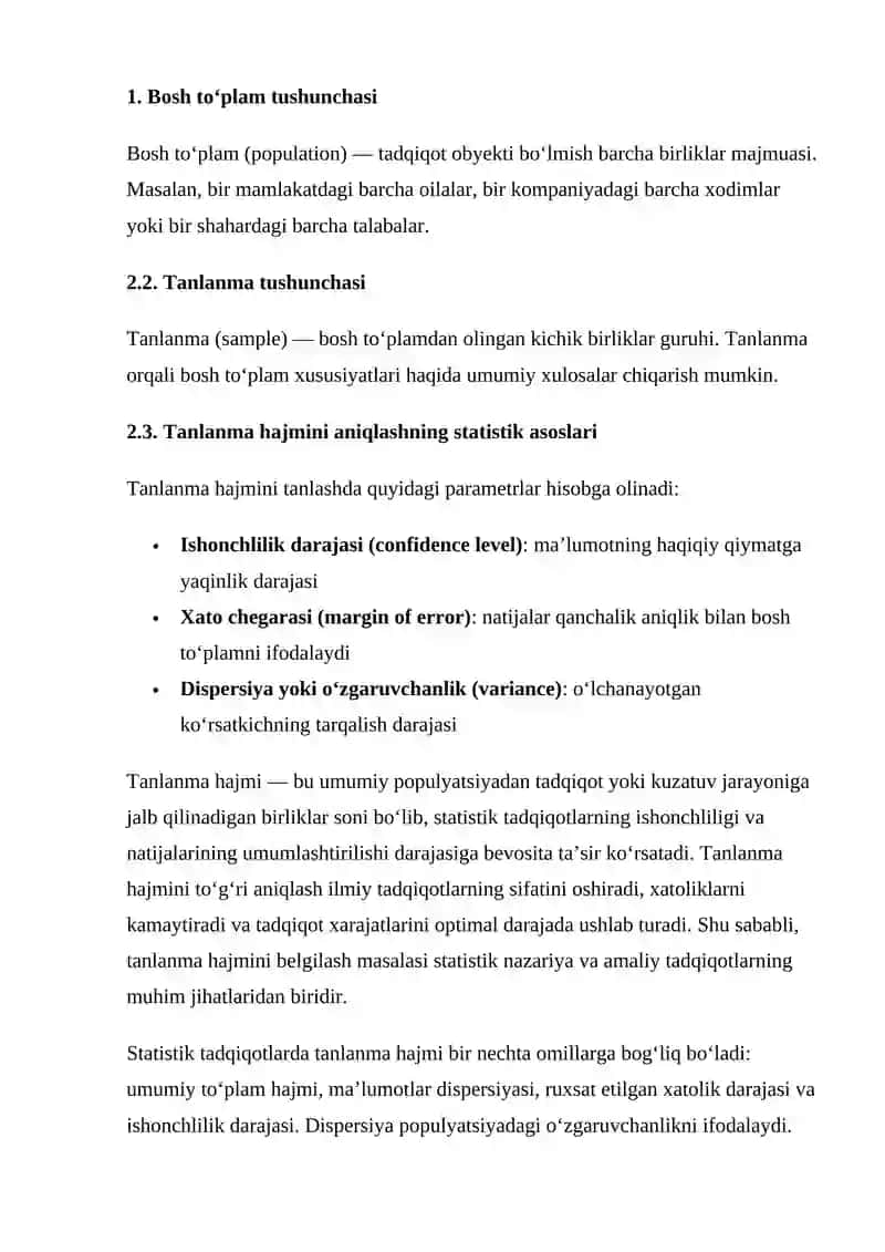 BOSH TO‘PLAM HAJMINI OLDINDAN ANIQLASH UCHUN TANLANMA HAJMI FORMULASIDAN FOYDALANISH 3