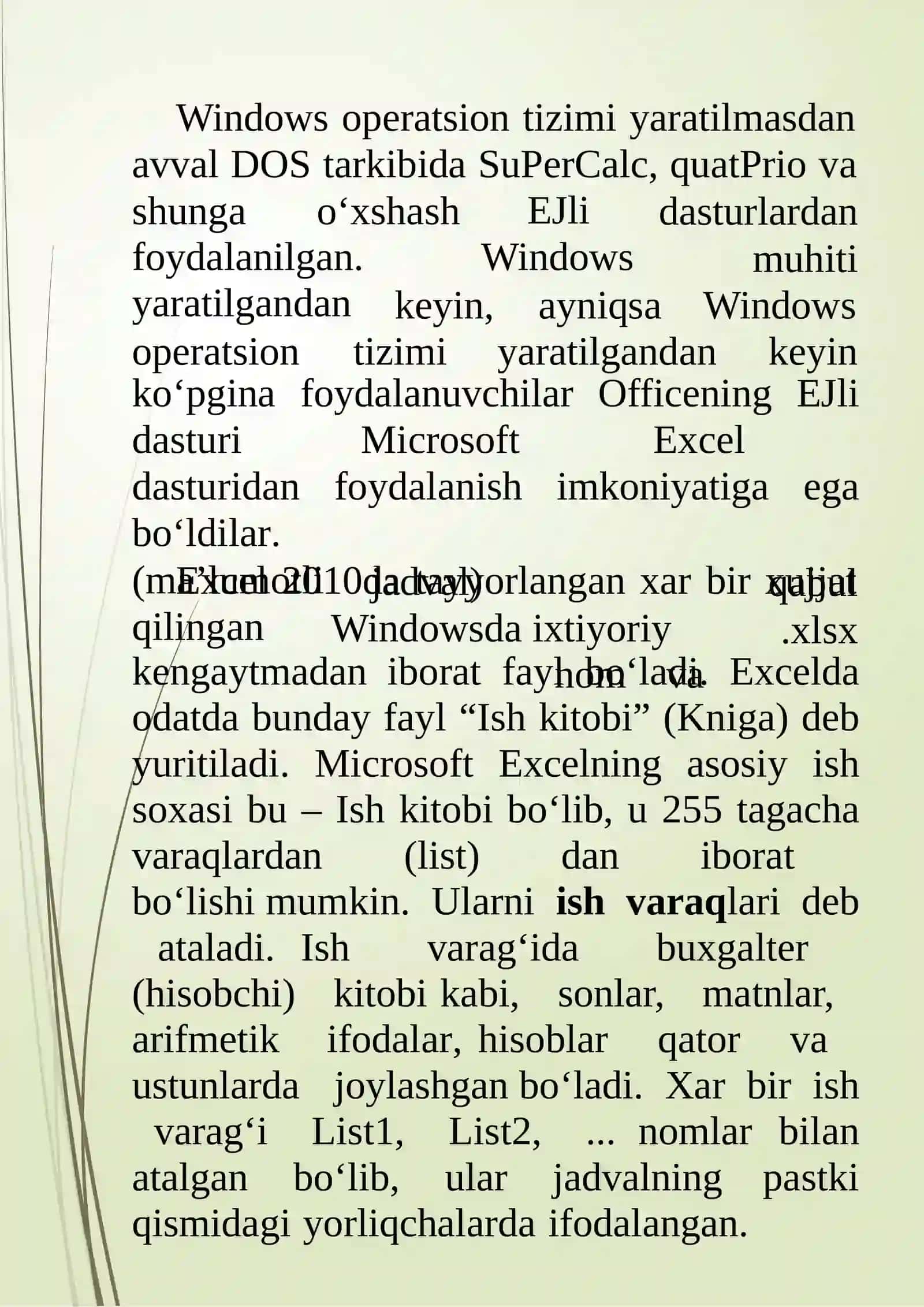 MS Excel 2010 darchasining tuzilishi 3