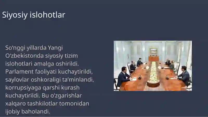 Yangi Oʻzbekistonning soʻnggi yillarda amalga oshirgan islohotlari, ijtimoiy va siyosiy hayotidagi yangilanishlar hamda iqtisodiy rivojlanishi 3