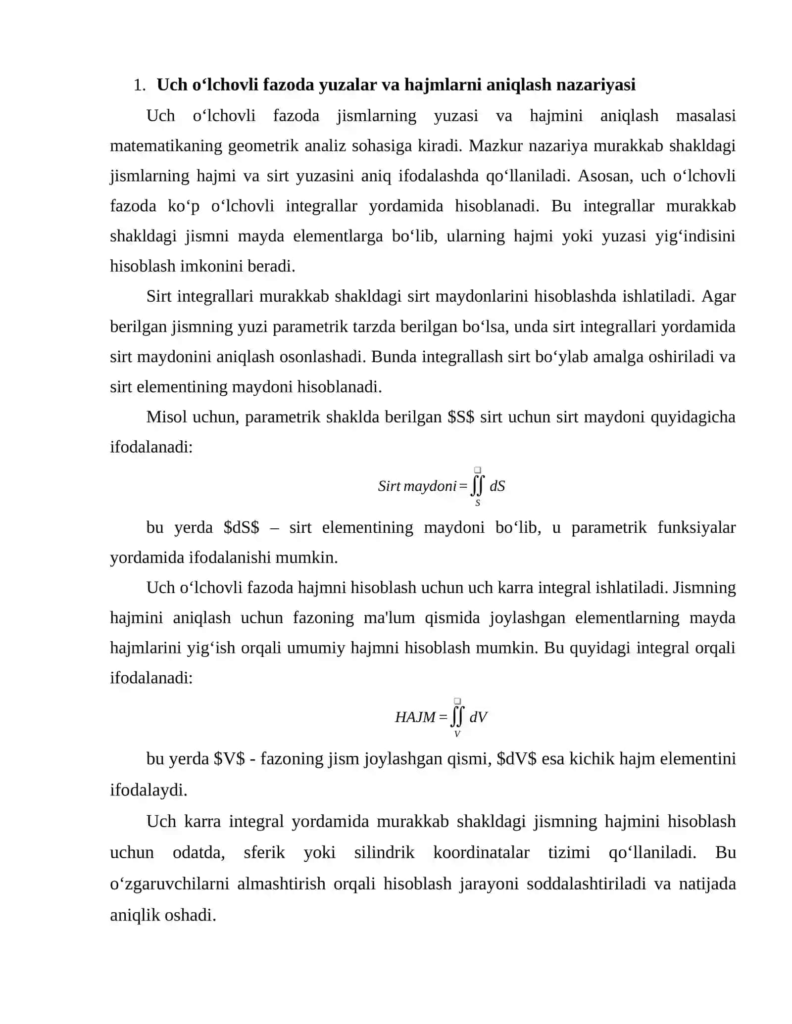 Uch o‘lchovli fazoda jismlarning yuza va hajmlarini hisoblashda integral hisob tatbiqlari 3