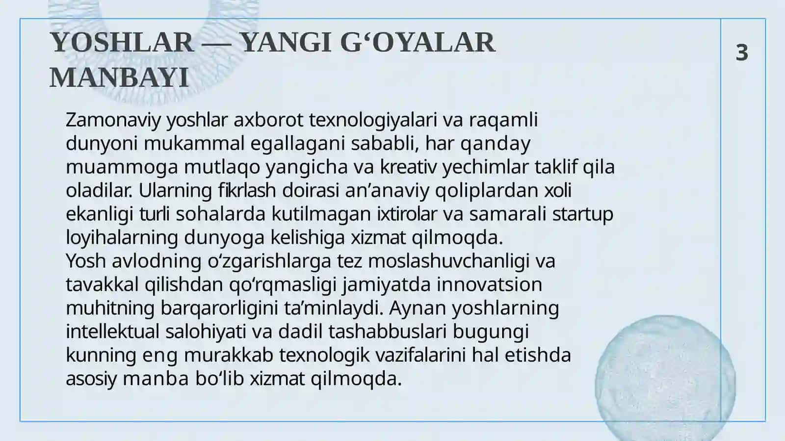 YOSHLAR — INNOVATSION G‘OYALAR TASHABBUSKORI 3