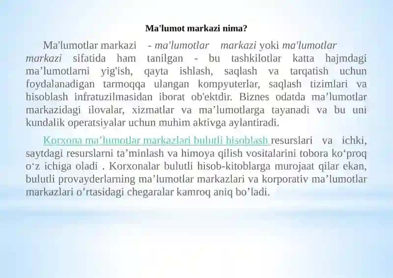 Bulut texnologiyasi asosida yaratilgan ma’lumotlarni qayta ishlash markazlarini o’rganib chiqish 3