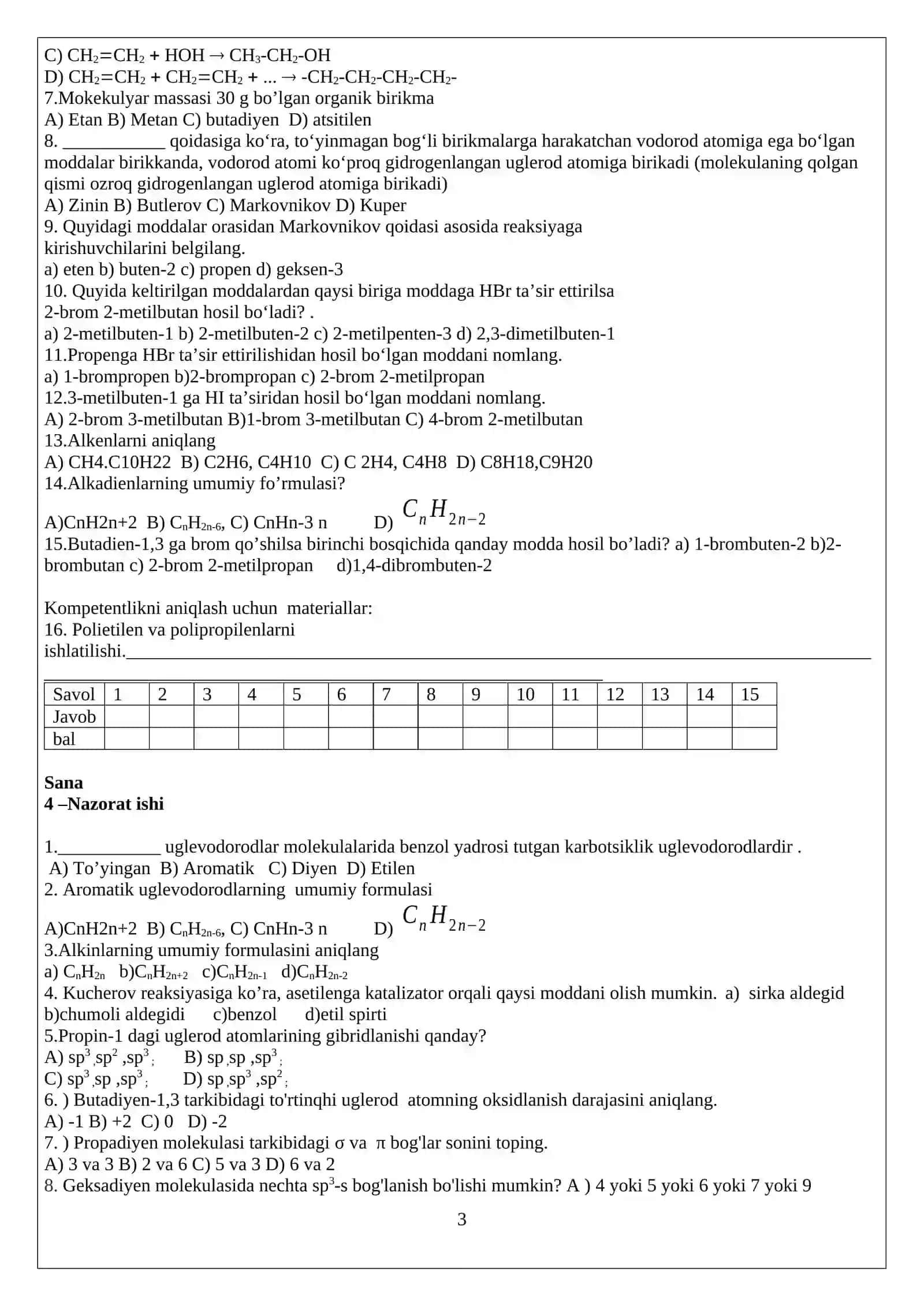 10-sinf kimyo nazorat ishi daftar 3