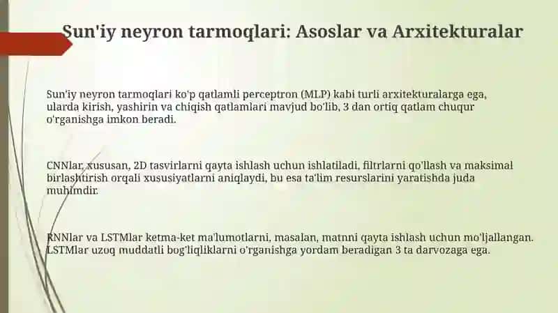 Sun'iy neyron tarmoqlari: Asoslar va Arxitekturalar 3