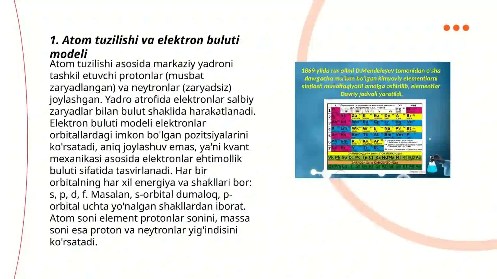 Atom tuzilishinazaryalari va kvank mehanikasi D I Medeleyev elementlar sistemasi atom tuzilishi nazaryasi bilan boĝliq 3