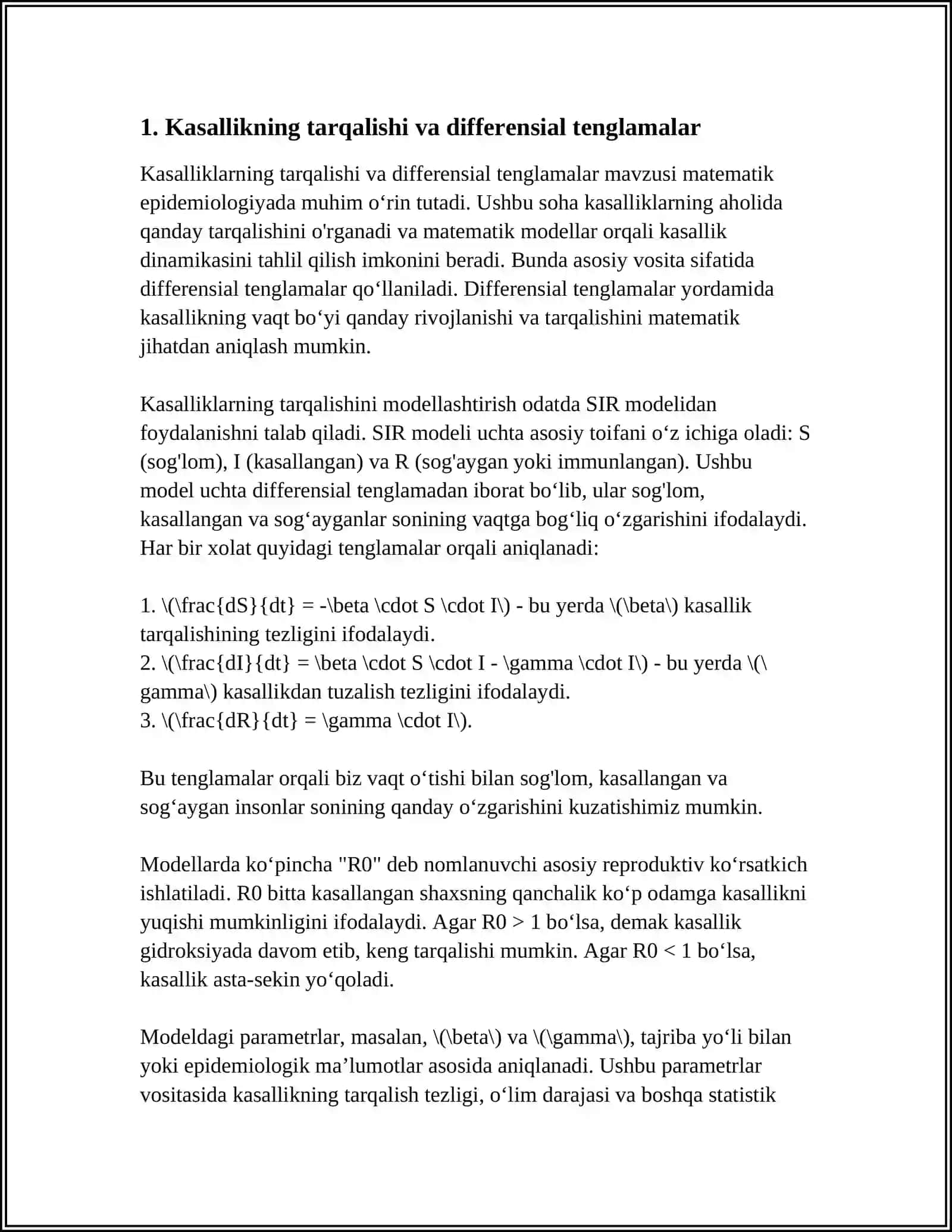 TIBBIYOT BIOLOGIK MAZMUNDAGHI DIFFERENSIAL TENGLAMALARNI TUZISH VA YECHISH 3