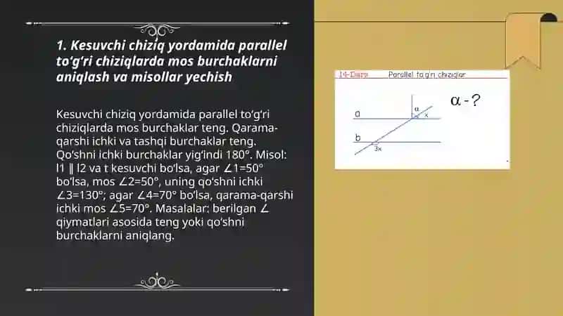 Parallel toʻgʻri chiziqlar mavzusiga doir misollar yechish 3