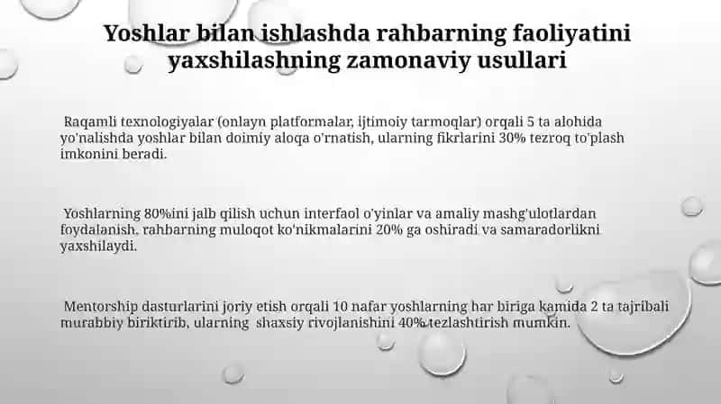 Yoshlar bilan ishlash bõyicha yetakchining faoliyatini takomillashtirish yõllari 3