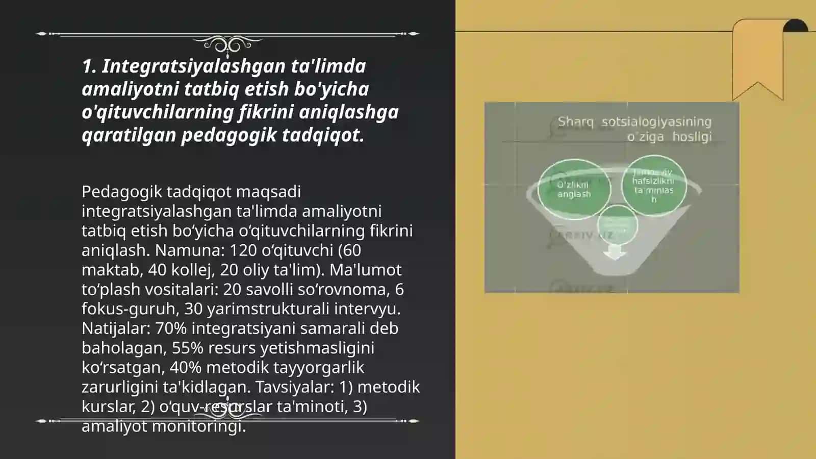 Integratasiyalashgan talimda amaliyotga tatbiq etw boyicha turli guruhlarga mansub respondentlarning fikrlashini aniqlawga qaratilgan pedogogik tatqiqotlar 3