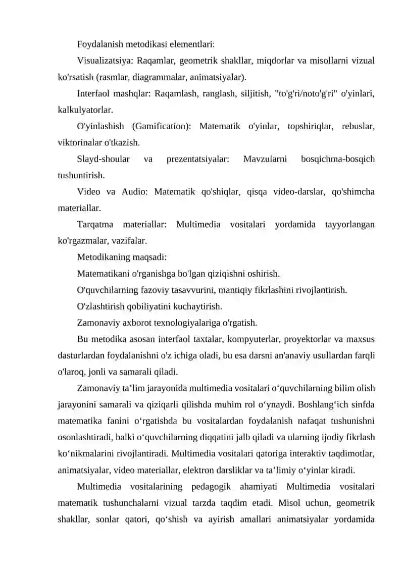 BOSHLANGʻICH SINF MATEMATIKA DARSLARIDA MULTIMEDIA VOSITALARIDAN FOYDALANISH METODIKASI 3