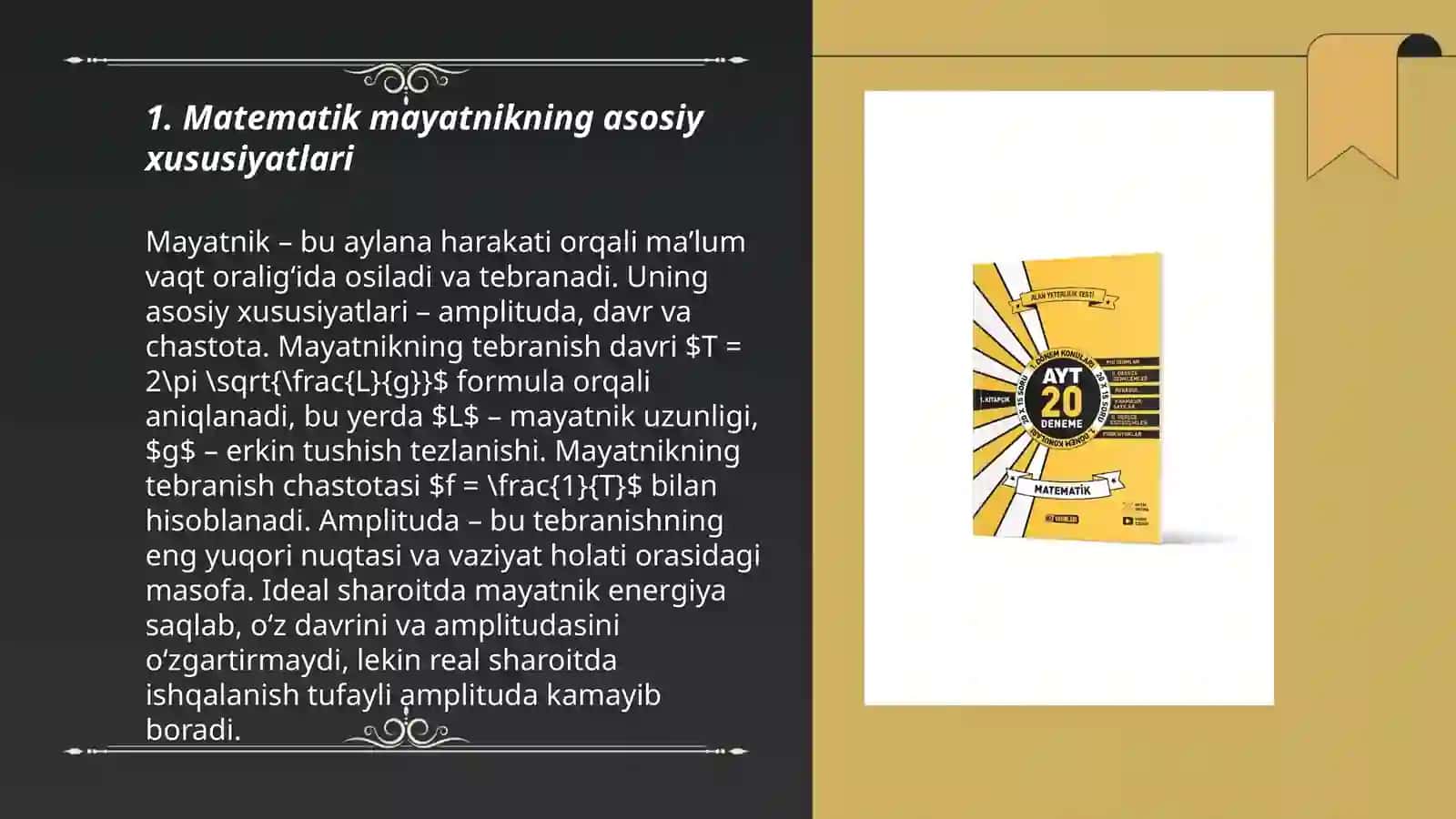 Matematik mayatnik yordamida ogʻirlik kuchi tezlanish aniqlash 3