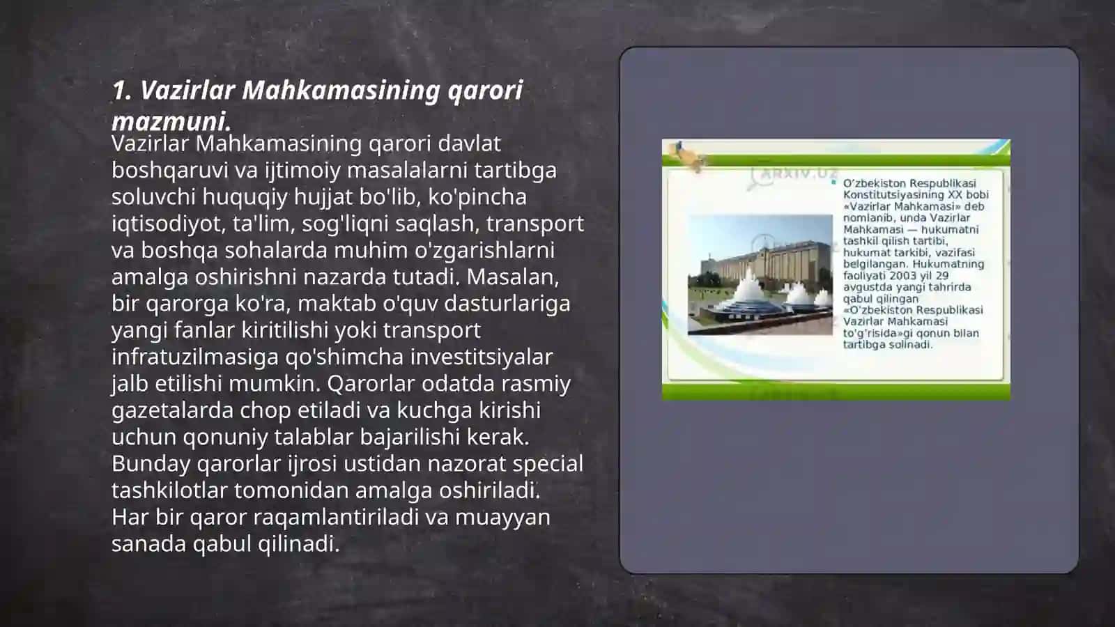O'zbekiston Respublikasi Vazirlar Mahkamasi qaroriga asosan 272-sonli namunaviy nizomning ahamiyati 3