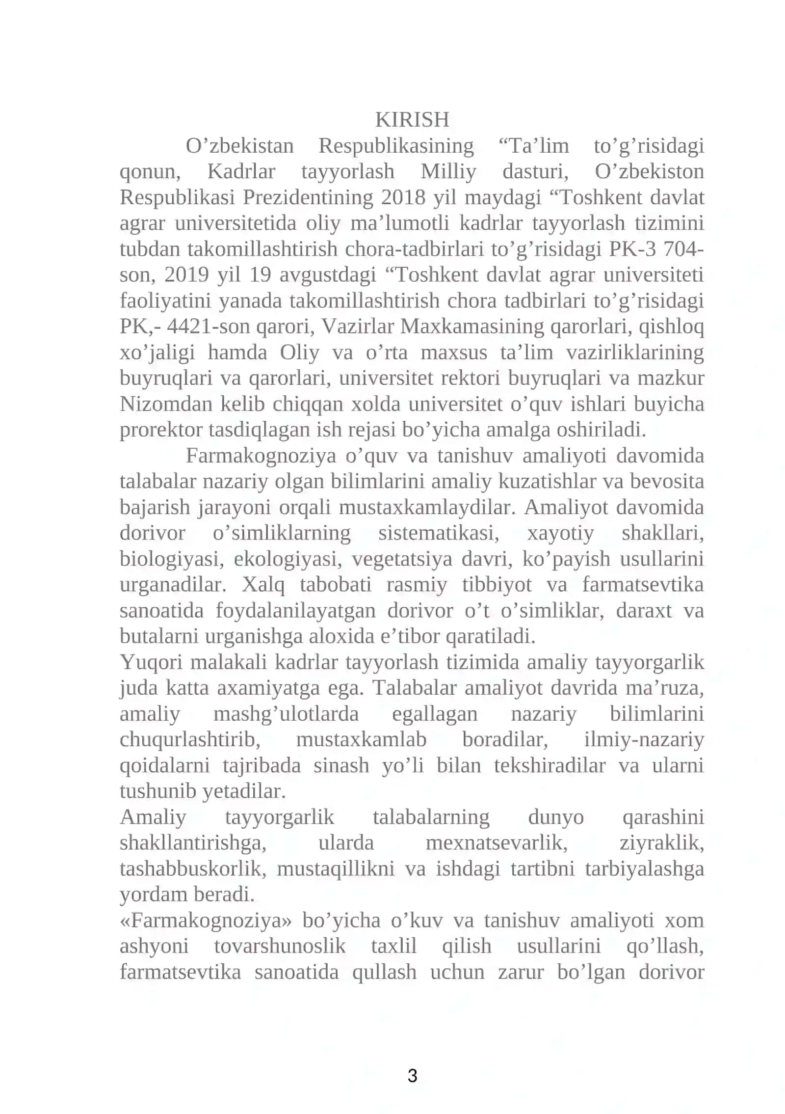 FARMAKOGNOZIYA FANIDAN O’QUV VA TANISHUV AMALIYOTI DASTURI 3