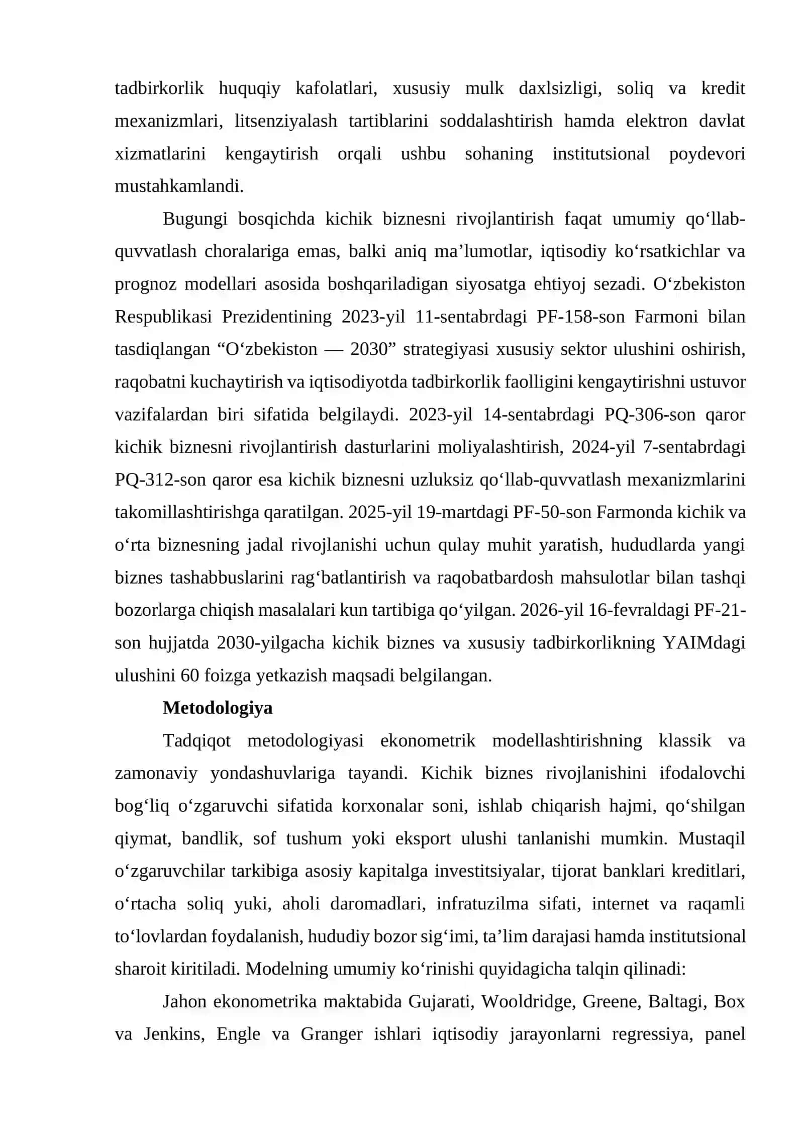 KICHIK BIZNES VA XUSUSIY TADBIRKORLIK KORXONALARI RIVOJLANISHINI EKONOMETRIK MODELLASHTIRISH 3
