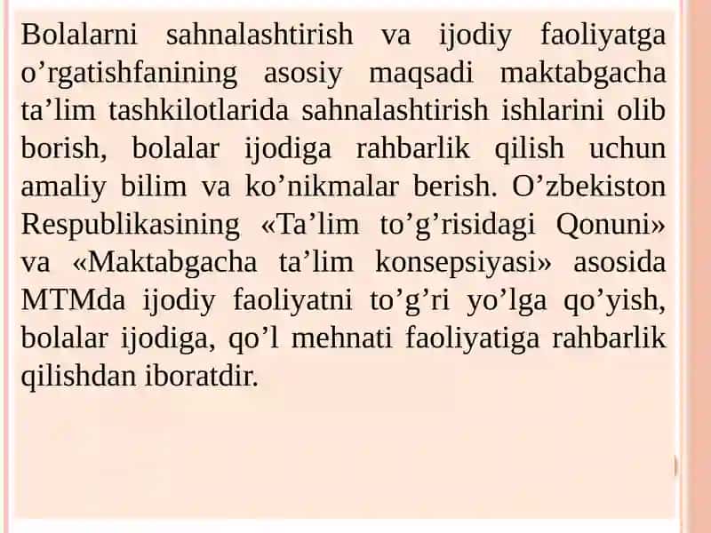 Maktabgacha ta’lim tashkilotida sahnalashtirish faoliyati va turli yosh guruxlarida sahnalashtirish faoliyatining asosiy vazifalari. 3