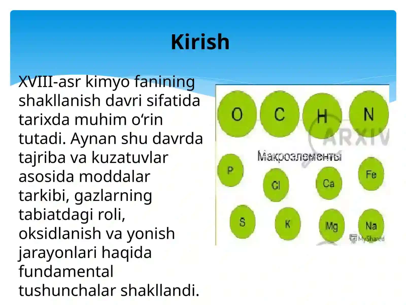 Kavendish, Pristli va Sheele kashfiyotlari. XVIII-asrda oksidlanish va yonish jarayonlarini oʻrganish. (J. Rey, R. Huk, J. Mayov, G. Stahl tomonidan yonish kontseptsiyasining shakllanishi). Flogiston va uning tabiatdagi aylanishi Flogiston nazariyasining ahamiyati. 3