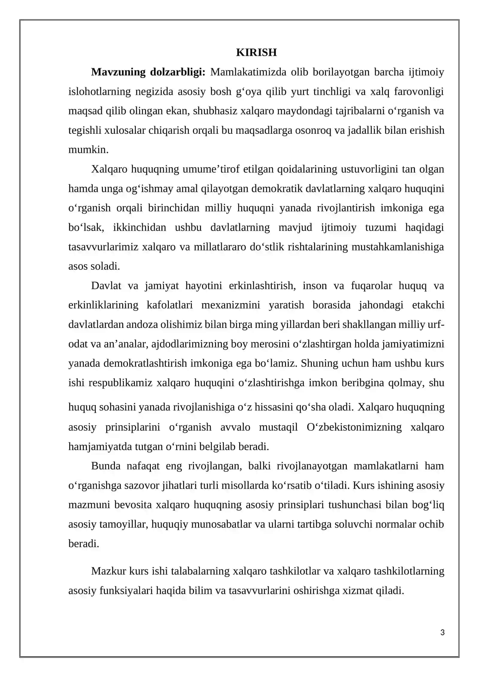 “XALQARO TASHKILOTLARNING ASOSIY FUNKSIYALARI” MAVZUSIDAGI KURS ISHI 3
