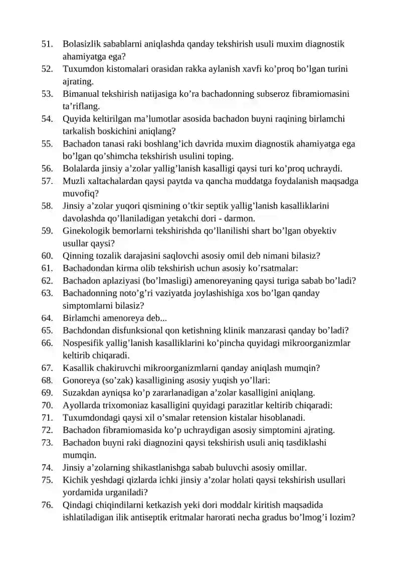 AKUSHERLIK VA GINEKOLOGIYADA HAMSHIRALIK ISHI FANIDAN TEST SAVOLLARI 3