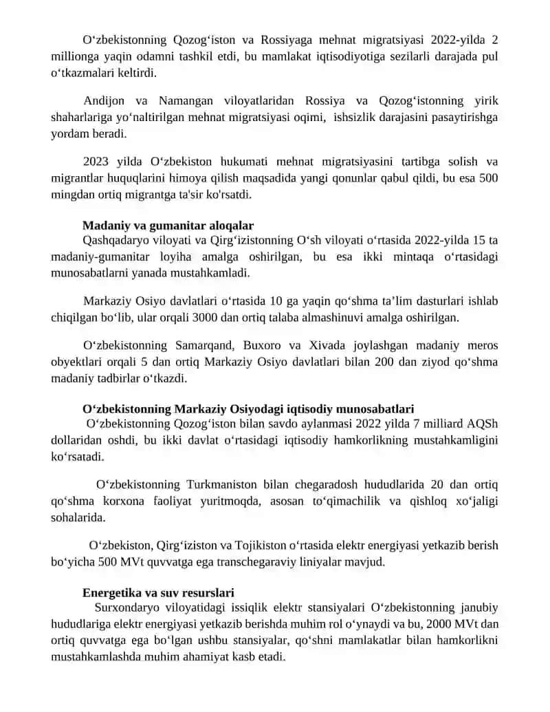 Oʻzbekistonning Markaziy Osiyodagi ijtimoiy-iqtisodiy munosabatlari 3