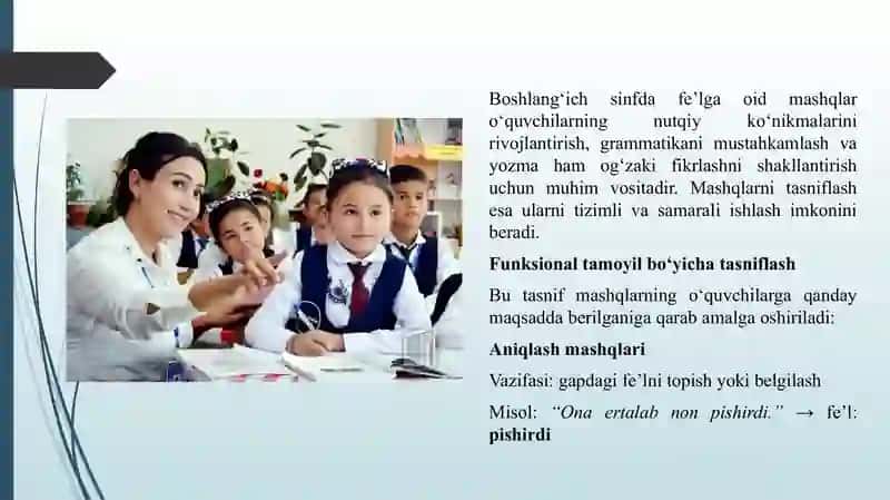 BOSHLANG'ICH SINF DARSLIKLARIDA FE'LGA OID MASHQLARNI TASNIF QILISH 3