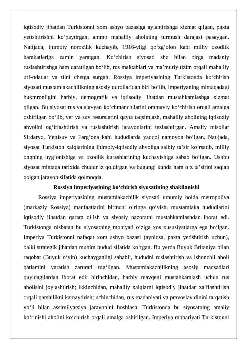 Rossiya imperiyasining Turkistonda ko‘chirish siyosati 3