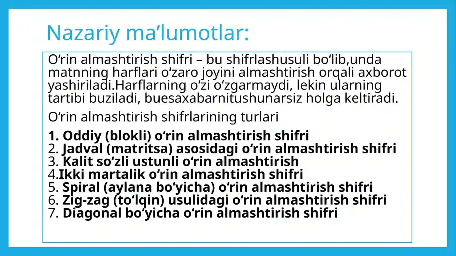 O’rin almashtirish shifrlari 3