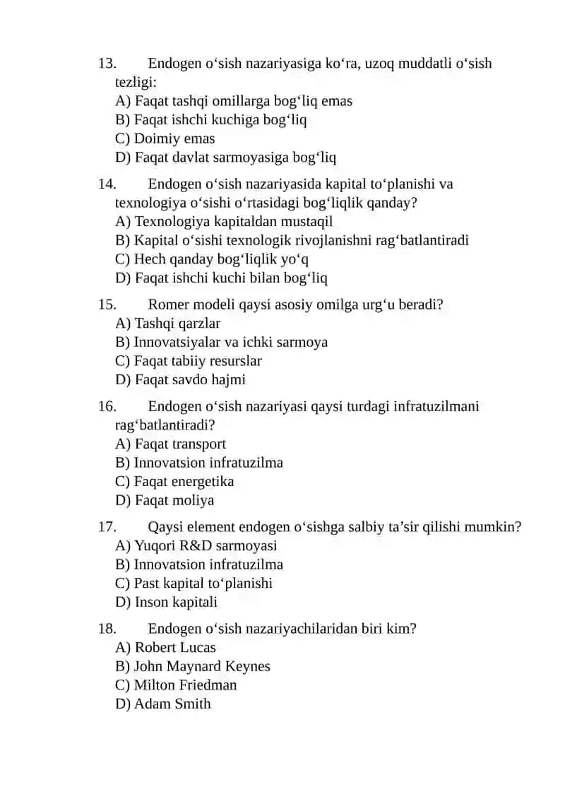 Endogen o'sish nazariyasi va uning kapital to'planishiga ta'siri testlar javoblari bilan 3