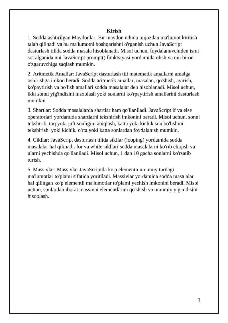 "Java Script dasturlash tilida sodda masalalarni dasturlash" 3
