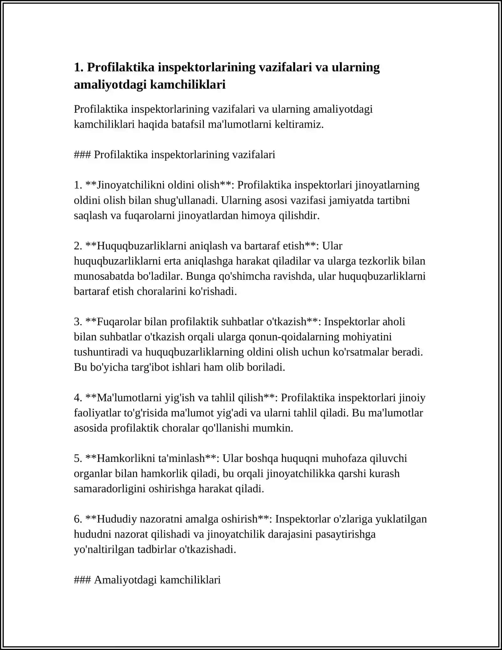 PROFILAKTIKA INSPEKTORLARI FAOLIYATIDA TIZIMLI KAMCILIKLAR VA QONUN BUZILISHLARI XAMDA ULARNI BARTARAF ETISH 3