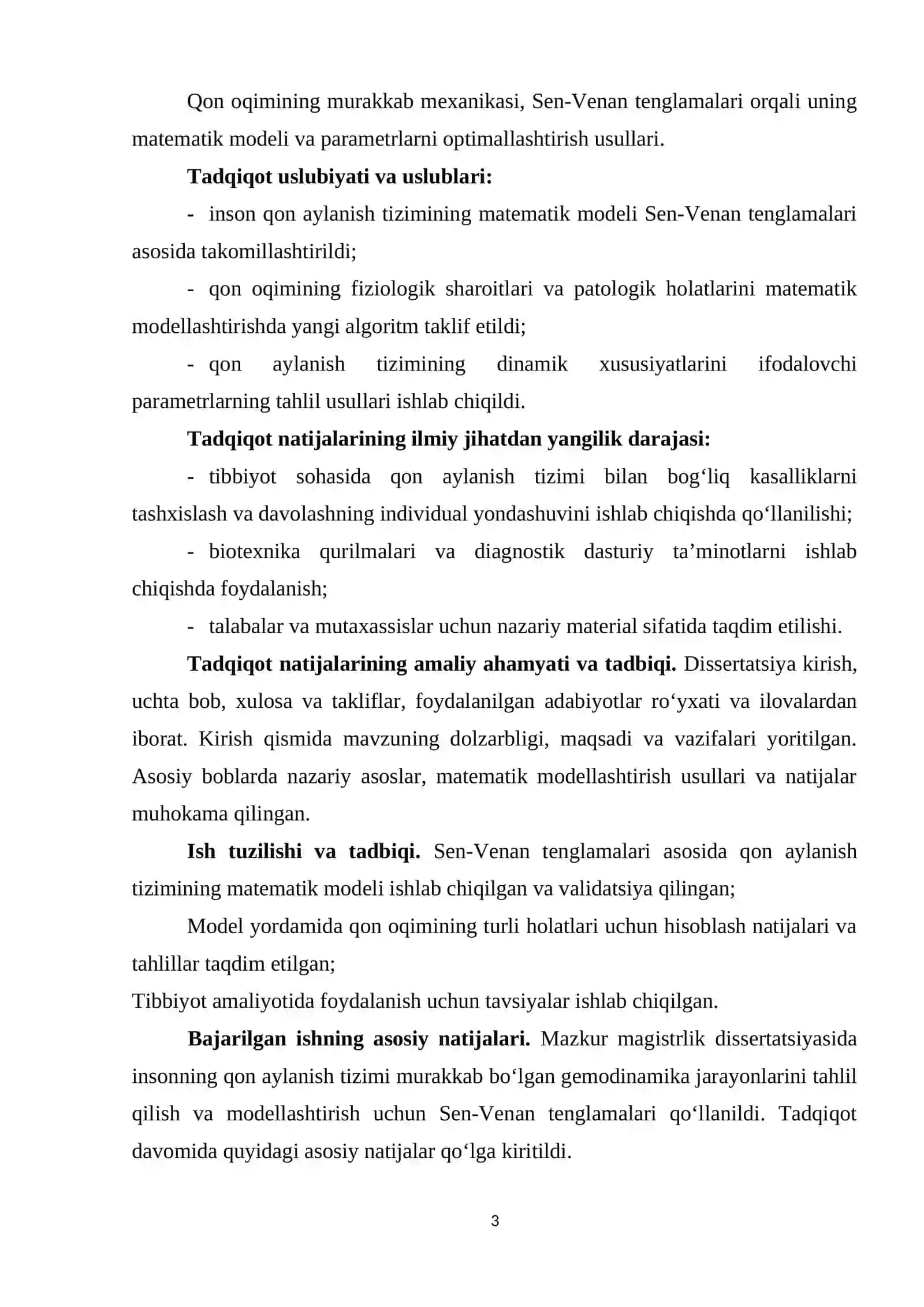 Insondagi qon aylanish tizimini sen-venan tenglamalari yordamida modellashtirish va boshqarish 3