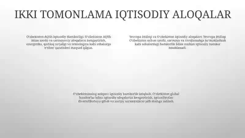 O'zbekistonda Xalqaro Iqtisodiy Hamkorlikning Bugungi Kungacha Holati Va Uni Yanada Rivojlantirish Istiqbollari 3