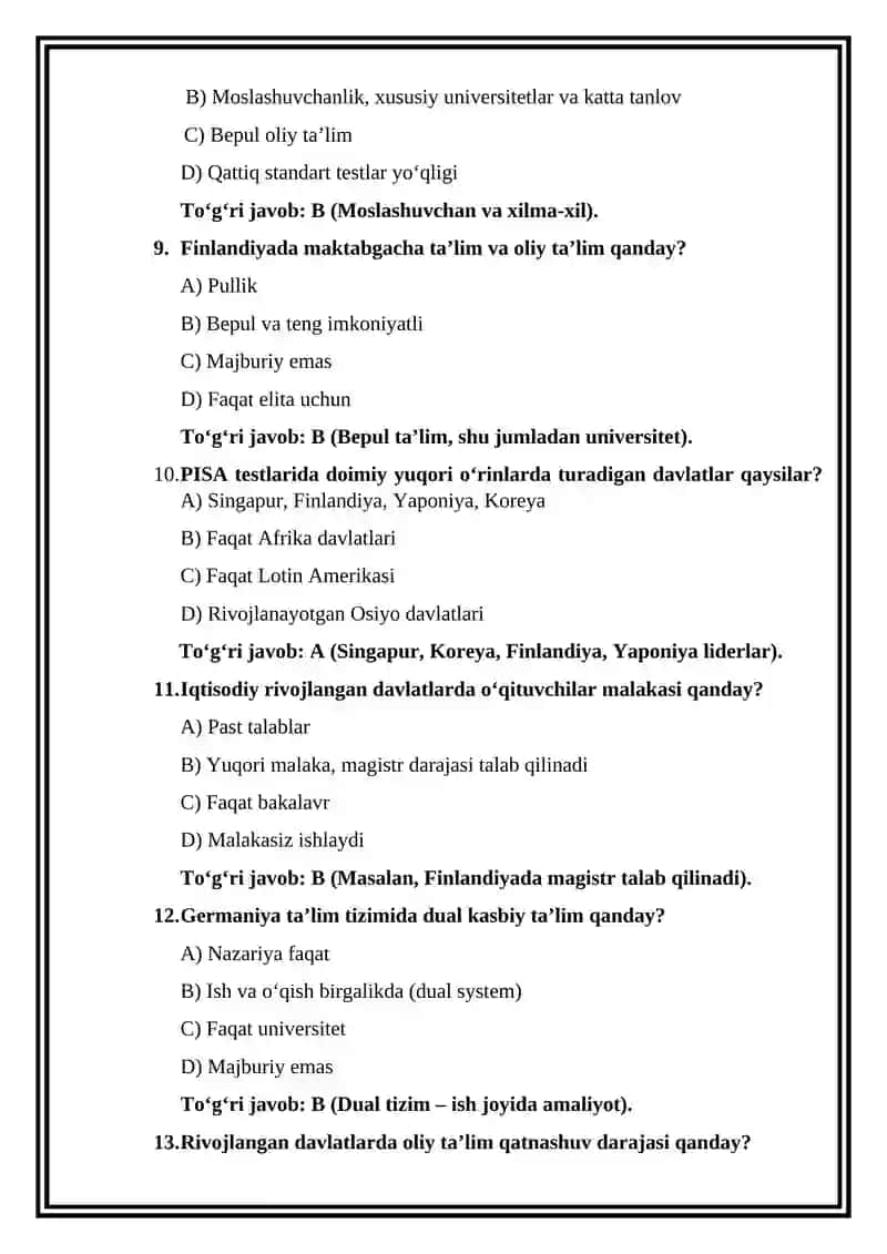 Iqtisodiy rivojlangan davlatlar ta’lim tizimi testlari 3