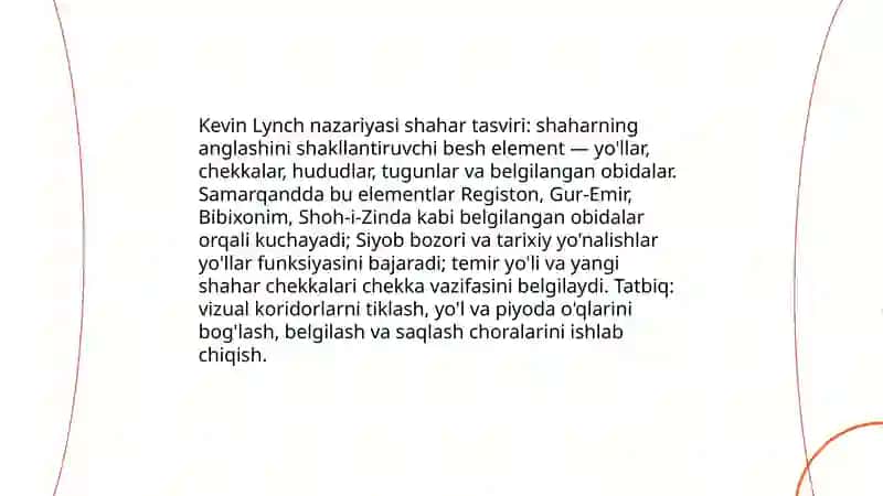 Kevin Lynch nazariyasi: Samarqand shahri boʻyicha 3